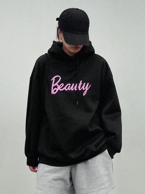 Trendseninle Kadın Siyah Beauty Baskılı Kapüşonlu Sweatshirt