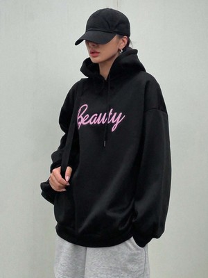 Trendseninle Kadın Siyah Beauty Baskılı Kapüşonlu Sweatshirt