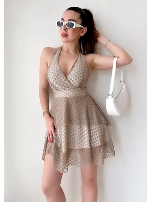 Merlavin Kadın Halter Yaka Astarlı Mini Boy Tül Elbise (Renkli)