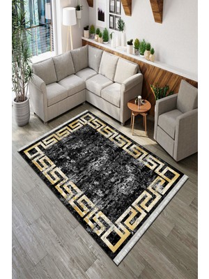 Roslyn Home Eskitme Gold Çizgili Desen Modern Yıkanabilir Kaymaz Taban  Süngerli Dot Taban Salon Halısı