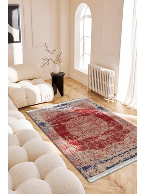 Roslyn Home Klasik Desen Bordo Kırmızı Yıkanabilir Salon Halısı Mutfak Halısı Yuvarlak Süngerli Dot Taban Kilim