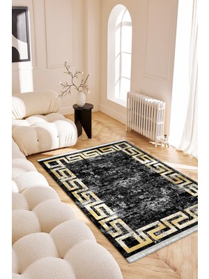 Roslyn Home Eskitme Gold Çizgili Desen Modern Yıkanabilir Kaymaz Taban  Süngerli Dot Taban Salon Halısı