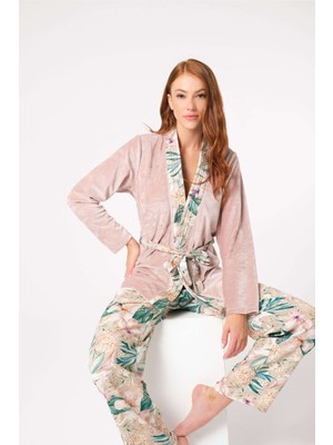 Anıl 5802 Uzun Kol V Yaka Viskon Çiçek Desenli Kışlık Örme Normal Bel Bağlamalı Pijama Takımı