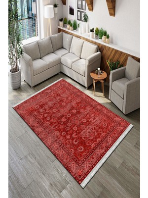 Roslyn Home Kırmızı Etnik Desen Figürlü Yıkanabilir Kalın Overlok Kadife Kumaş Dokuma Taban Kilim