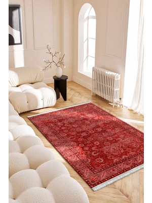 Roslyn Home Kırmızı Etnik Desen Figürlü Yıkanabilir Kalın Overlok Kadife Kumaş Dokuma Taban Kilim