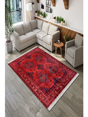 Roslyn Home Etnik Klasik Desen Kırmızı Yıkanabilir Halı Kesme Yolluk Yıkanabilir Kadife Kumaş Dokuma Taban Kilim