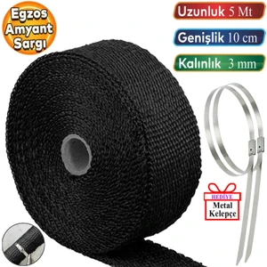 5 Metre 10 Cm Cam Elyaf Eksoz Sargısı Metal Kelepçe Manifold Sargı Bezi Yanmaz Bant Siyah Amyant 3 Mm (Kalınlık)