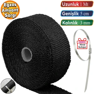 1 Metre 5 Cm Cam Elyaf Eksoz Sargısı Metal Kelepçe Manifold Sargı Bezi Yanmaz Bant Siyah Amyant 3 Mm (Kalınlık)