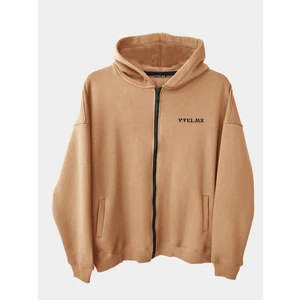 Krem  Şardonlu Oversize Kapşonlu Fermuarlı Sweatshirt