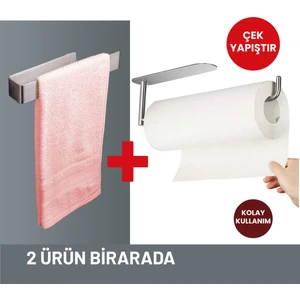 Paslanmaz Çelik Havluluk Seti - Havlu Askısı, Çift Taraflı Bantlı, Yapışkanlı -Kağıt Havluluk +Banyo Havluluğu