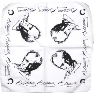 Herşey Nota Beyaz Atatürk Silüetli ve Imzalı Pamuk Kumaş Fular - Bandana - 23 Nisan, 29 Ekim, 19 Mayıs