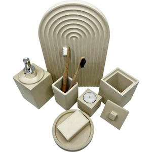 6'Lı Mermer Desenli Beton Banyo Seti Tuvalet Wc Sıvı Sabunluk Diş Fırçalığı Aksesuar Takımı