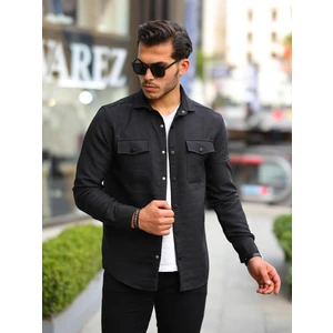 Çift Cepli Çubuk Desen Kapitone Gömlek/Ceket - Siyah