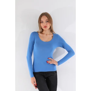 Penye Bizden Kadın Viskon Dekolte Yaka Slim Fit Tişört-Mavi