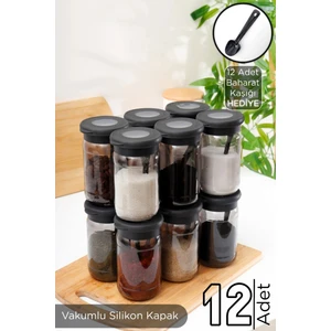 Homenıva 12 Adet Black Pearl Vakumlu Silikon Kapaklı Cam Baharat Seti - 12 Adet Kaşık Hediyeli