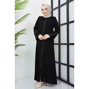 Hafsa Mina Büyük Beden Taş Detaylı Siyah Ferace