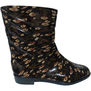 Kahve Çiçekli Kareli Kadın Poli Kaymaz Taban Yağmur Çizmesi