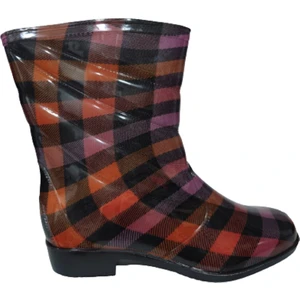 Kırmızı-Siyah Kareli Kadın Poli Kaymaz Taban Yağmur Çizmesi