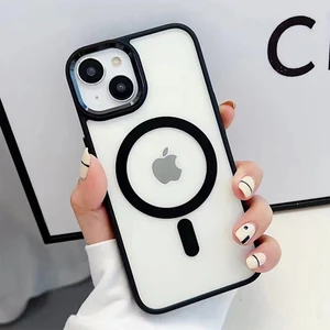 iPhone 14 Uyumlu Kılıf Magsafe Özellikli Metal Kamera Tuş Tasarımlı Arkası Sararmaz Sert Şeffaf