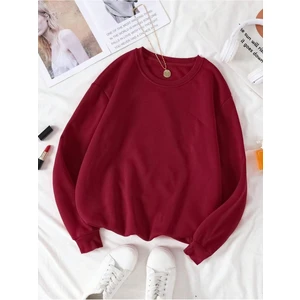 Kadın Bordo Düz Bisiklet Yaka Sweatshirt