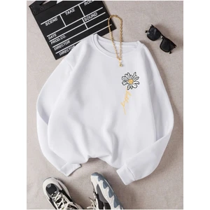 Kadın Beyaz Papatya Baskılı Bisiklet Yaka Sweatshirt