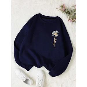 Kadın Lacivert Papatya Baskılı Bisiklet Yaka Sweatshirt