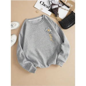 Kadın Gri Papatya Baskılı Bisiklet Yaka Sweatshirt