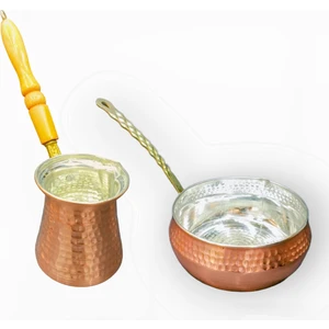 Bakır Çekiçli Derin Sosluk 14 cm ve 4 Kişilik Bakır Cezve