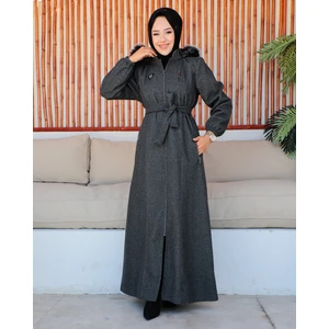 KMK Kombin Kmkkombin Özaltay Tam Boy Kapşonlu Göğsü Süs Cepli Kuşaklı Kadın Büyük Beden Kaşe Kaban