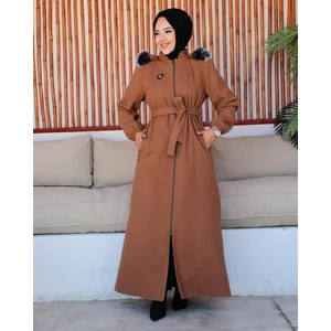 KMK Kombin Kmkkombin Özaltay Tam Boy Kapşonlu Göğsü Süs Cepli Kuşaklı Kadın Büyük Beden Kaşe Kaban