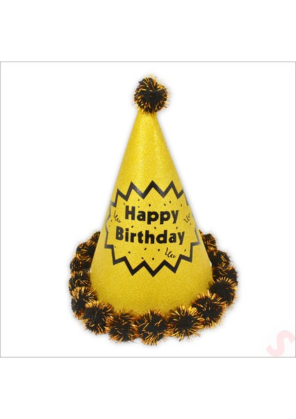 Ponponlu Happy Birthday Şapka, 20CM x 1 Adet - Altın