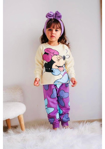 Minnie Mouse Çizgi Karakterli Bej Kız Çocuk Eşofman Pijama Alt Üst Takımı
