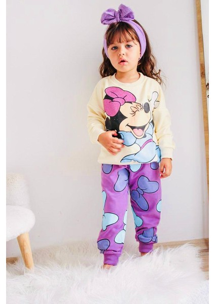 Minnie Mouse Çizgi Karakterli Bej Kız Çocuk Eşofman Pijama Alt Üst Takımı