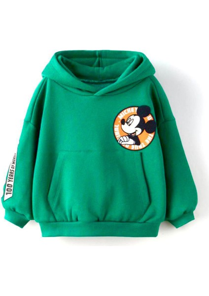 Mickey Mouse Çizgi Karakterli Yeşil Kapüşonlu Erkek Çocuk Eşofman Pijama Alt Üst Takımı
