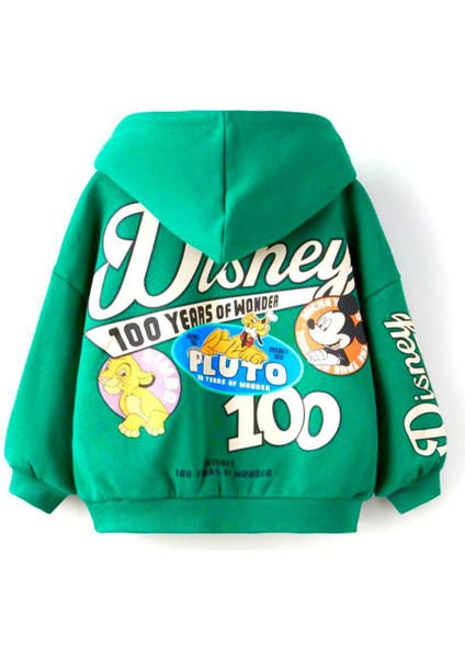 Mickey Mouse Çizgi Karakterli Yeşil Kapüşonlu Erkek Çocuk Eşofman Pijama Alt Üst Takımı