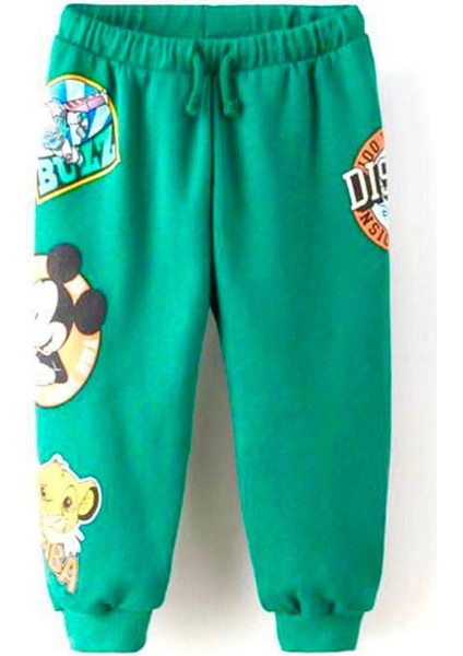 Mickey Mouse Çizgi Karakterli Yeşil Kapüşonlu Erkek Çocuk Eşofman Pijama Alt Üst Takımı