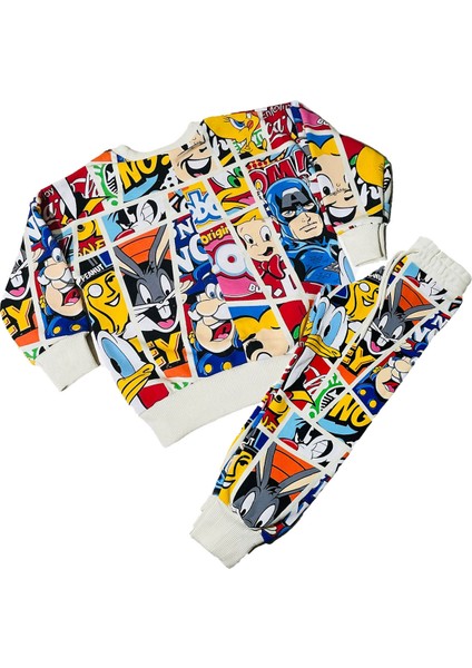 Çizgi Karakterli Krem Erkek Çocuk Eşofman Pijama Alt Üst Takımı