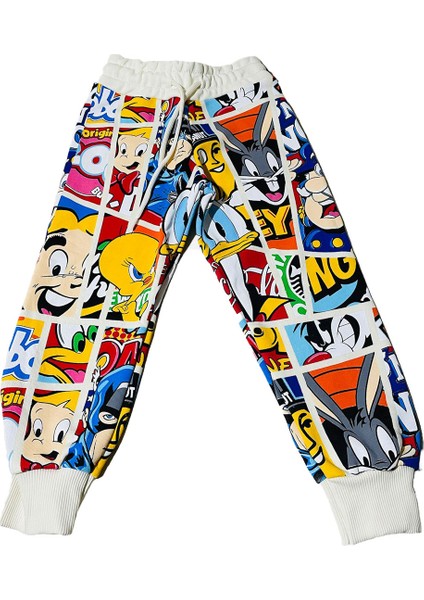 Çizgi Karakterli Krem Erkek Çocuk Eşofman Pijama Alt Üst Takımı