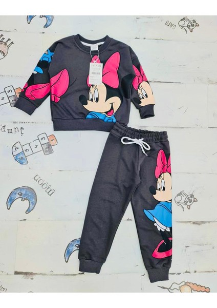 Minnie Mouse Çizgi Karakterli Antresit Kız Çocuk Eşofman Pijama Alt Üst Takımı