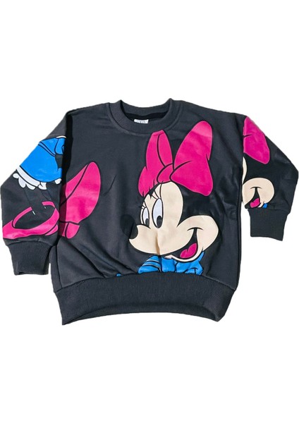Minnie Mouse Çizgi Karakterli Antresit Kız Çocuk Eşofman Pijama Alt Üst Takımı