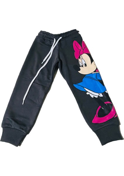 Minnie Mouse Çizgi Karakterli Antresit Kız Çocuk Eşofman Pijama Alt Üst Takımı