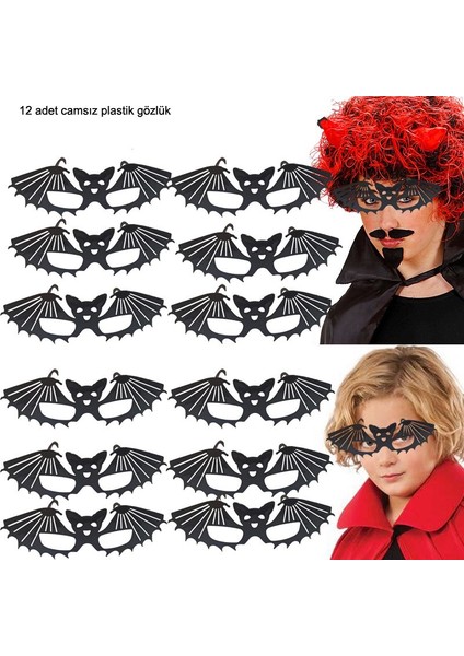 Halloween Camsız Yarasa Şekilli Parti Gözlüğü 12 Adet Siyah Renk