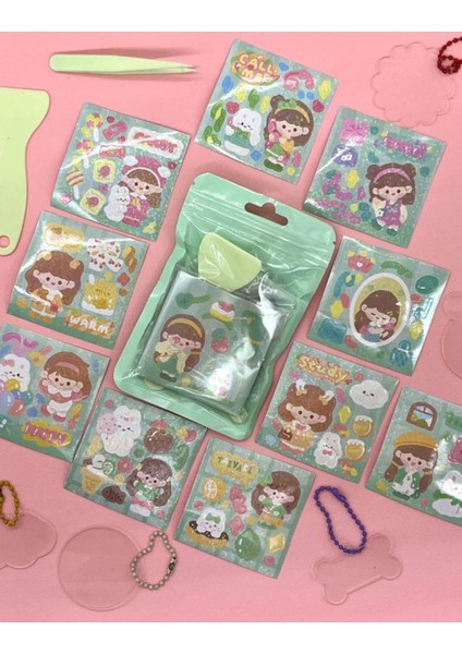 Sevimli Kız İle Kendi Anahtarlığını Tasarla 23 Parça Yeşil Sticker Seti / Anahtarlık / Bullet Journal