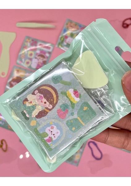 Sevimli Kız İle Kendi Anahtarlığını Tasarla 23 Parça Yeşil Sticker Seti / Anahtarlık / Bullet Journal