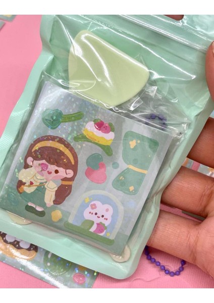 Sevimli Kız İle Kendi Anahtarlığını Tasarla 23 Parça Yeşil Sticker Seti / Anahtarlık / Bullet Journal