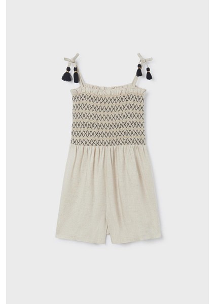 8-14 Yaş Kız Çocuk Askılı Şort Tulum Krem