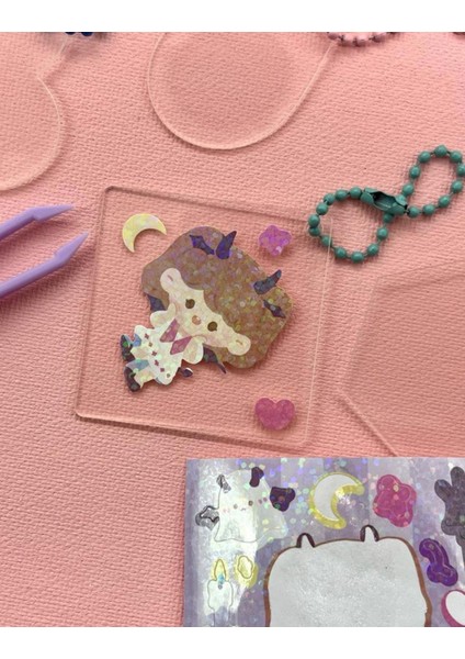 Sevimli Kız Ile Kendi Anahtarlığını Tasarla 23 Parça Mor Sticker Anahtarlık Bullet Journal