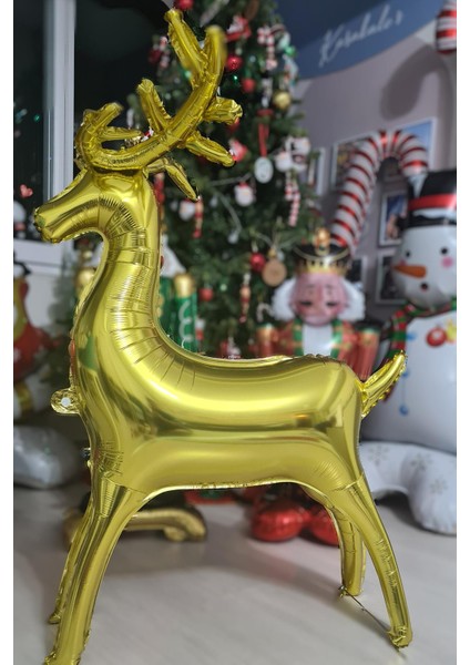 Yılbaşı Gold Geyik Balon Büyük Boy , Ayaklı Yılbaşı Süsü Balonu