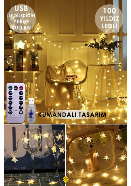 Trendpoint 100 Yıldız Ledli 10MT. Kumandalı Usbli 8 Modlu Dekoratif Şerit LED Işık Yılbaşı Süsleme