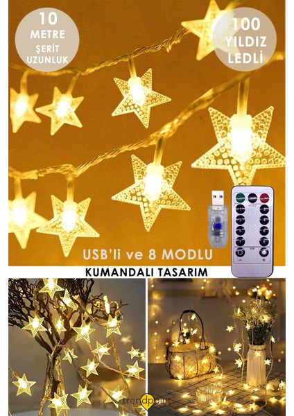 Trendpoint 100 Yıldız Ledli 10MT. Kumandalı Usbli 8 Modlu Dekoratif Şerit LED Işık Yılbaşı Süsleme